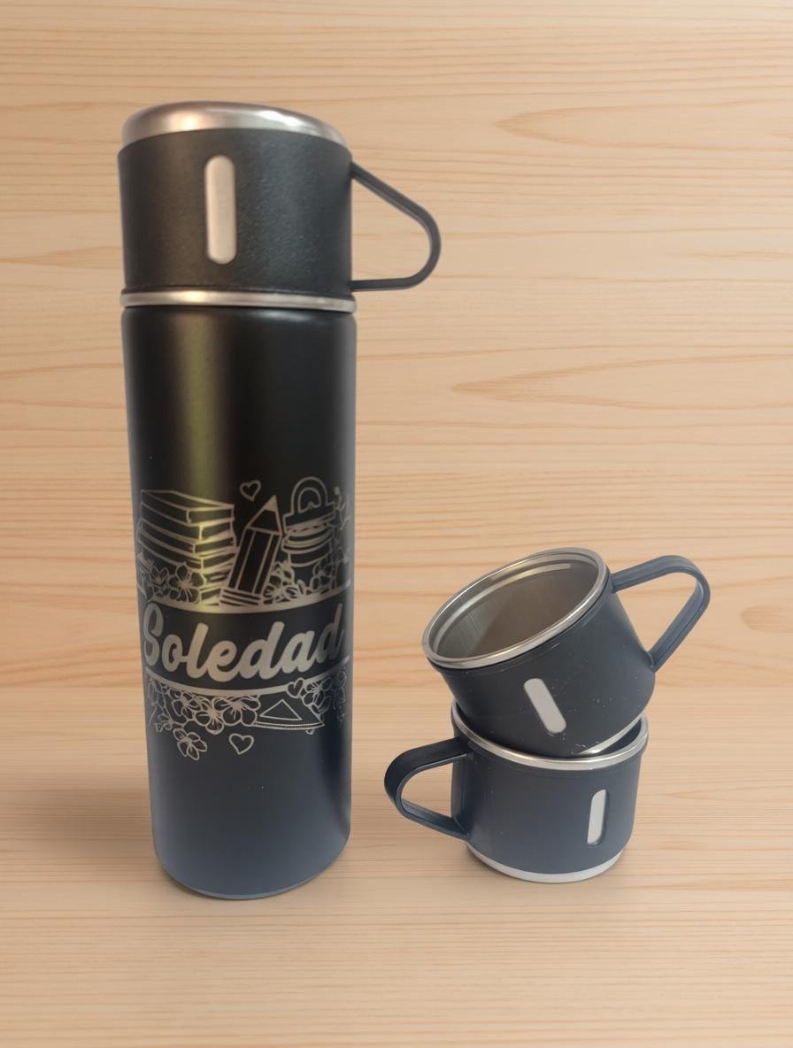 Termo de Acero Inoxidable Personalizado con Grabado Láser + 3 Tazas Incluidas ☕